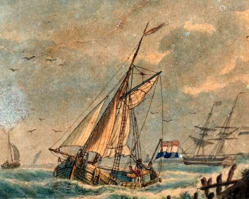 H. Vettewinkel, Schepen voor de kust, aquarel, uit vriendschap en achting H. Vettewinkel (op de achterkant aquarel geschreven door de schilder)