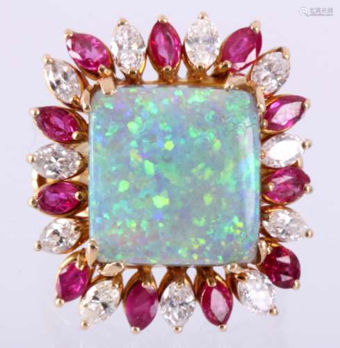 14 Kt. geelgouden ring bezet met grote vierkante opaal, 11 ovale briljant geslepen diamanten en 11 ovale robijnen