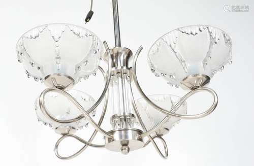 Verzilverde Art Deco hanglamp met gesatineerde glaskappen - Ezan