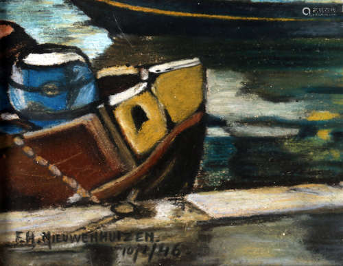 E.H. Nieuwenhuizen, Man met paard en wagen voor de haven bij Alkmaar, pasteltekening, gedateerd 1946, 60 x 40 cm.