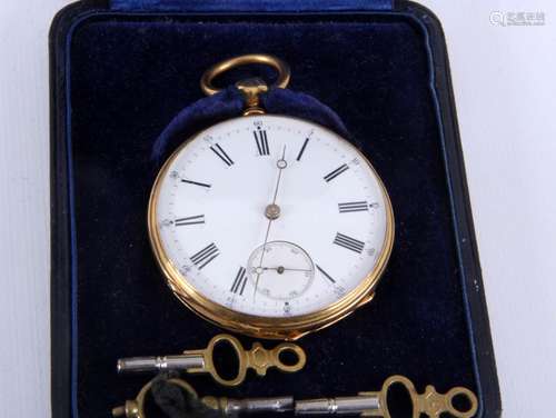 Sleutelvestzakhorloge in 18 kt. gouden kast, Ligne droite  Levées visibber balaneieve chronometre rubis spiral brequet,  inscriptie 31 mei 1875 met diverse sleuteltjes en seconde aanduiding in origineel etui