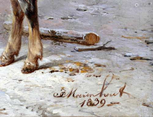 Joseph Jodocus Moerenhout, Eeckeren Antwerpen (B) 1801-1874 Antwerpen, 't Voederen van het paard op een besneeuwde binnenplaats, olieverf op paneel, gedateerd 1839, 31 x 23 cm., herkomst: Kunstgalerie Rameckers