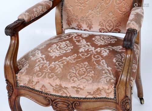 Antieke mahoniehouten armfauteuil met roze velours bekleed, Holland ca.1830