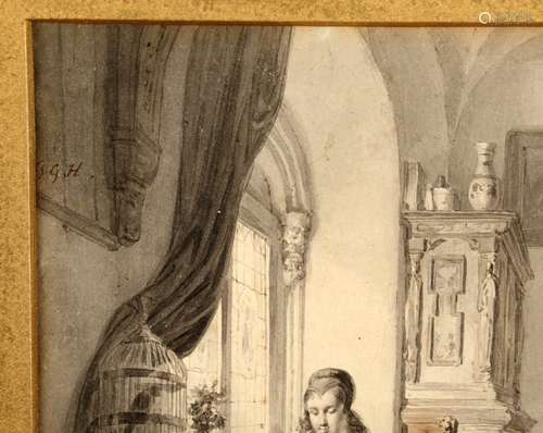 George Gillis Haanen, 1807-1876, Lezende vrouw met hond in interieur, sepia,  15,5 x 19,5 cm. (links boven gemonogrammeerd)