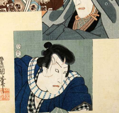 Utagawa Kunisada, 1786-1865, Voorstellingen van Kabuki acteurs, houtsnedes in triptiek, 23,5 x 35 cm.