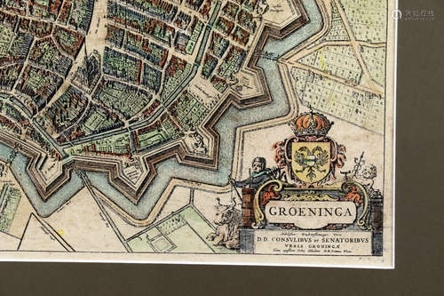 Oude stadsplattegrond van Groningen, handgekleurd, 20e eeuw,36x29 cm.