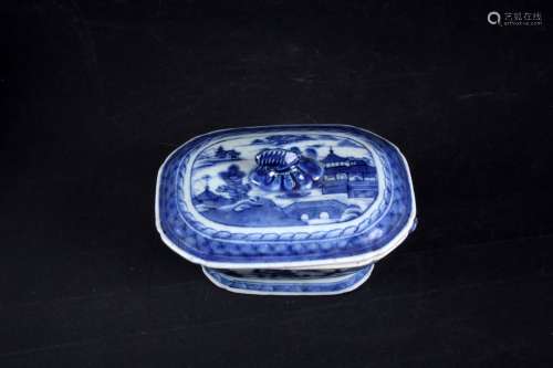 古董蓝白相间中国瓷器容器，风景画装饰，乾隆(1736 - 1795)