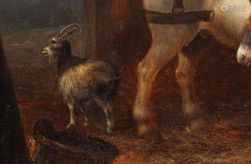 Toegeschreven aan P.F. van Os, Amsterdam 1808-1892 Haarlem, Stalinterieur met paard, ezel en geit, olieverf op paneel, 26,5 x 21,5 cm.