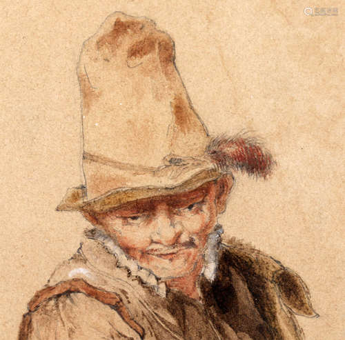 Pieter Louis Hoedt, 1832-ca.1893, Man met hoed, aquarel, 12,5 x 9,5 cm.