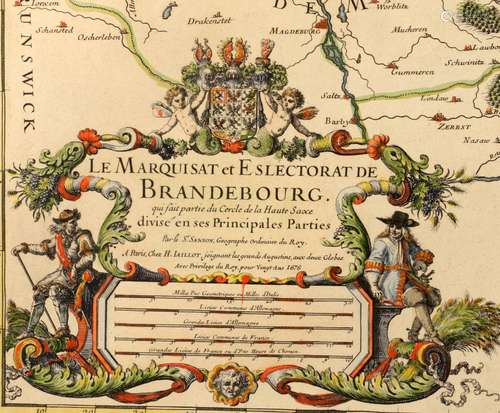 Gedeeltelijk ingekleurde kopergravure 'Le Marquisat et Eslectorat de Brandenbourg qui fait partie du cercle de la haute Saxe, divise en ses principales Marches, H. Lalliot à Paris', 1676, 58 x 89 cm.