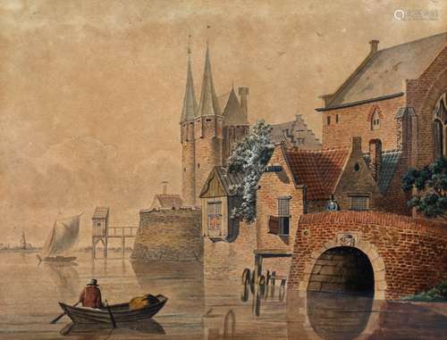 Onb.meester, Stadsgezicht met man in roeiboot en Stadsgezicht met personen, aquarel (2x), 18 x 14 cm.