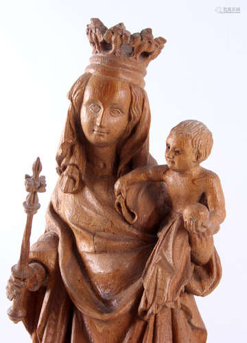 Antiek eikenhouten religieus beeld, Maria met kind, h.60 cm.