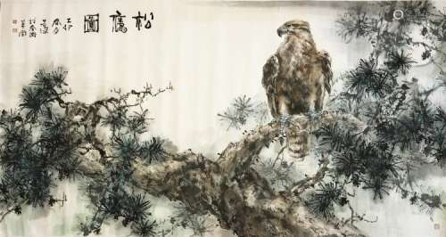 LARGE CHINESE SCROLL PAINTING OF EAGLE ON TREE