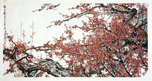 LARGE CHINESE SCROLL PAINTING OF PLUM BLOSSOMMING