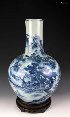 CHINESE PORCELAIN BLUE AND WHITE MOUNTAIN VIEWS TIANQIU VASE