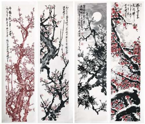 FOUR PANELS OF CHINESE SCROLL PAINTING OF PLUM BLOSSOMMING