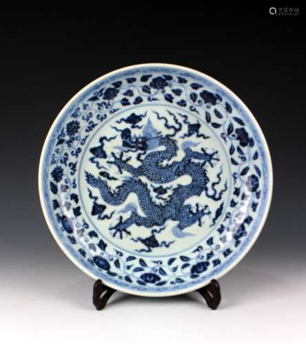 CHINESE PORCELAIN BLUE AND WHITE DRAGON PLATE