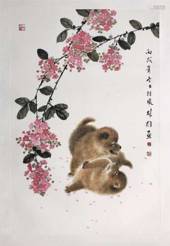 CHINESE SCROLL PAINTING OF PUPPY AND FLOWER