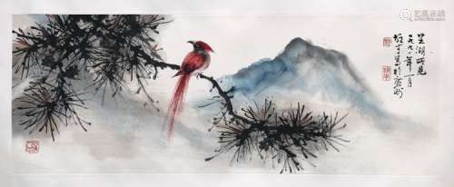 CHINESE SCROLL PAINTING OF BIRD ON PINE TREE
