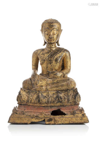 Birmanie, XVIIe siècle  Statue en bronze anciennement laqué et doré, représentant le Bouddha