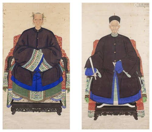 Chine, vers 1900-1920  Paire de peintures d’ancêtres en couleurs sur papier