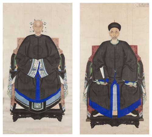 Chine, vers 1900 -1920  Paire de peintures d’ancêtres en couleurs sur papier