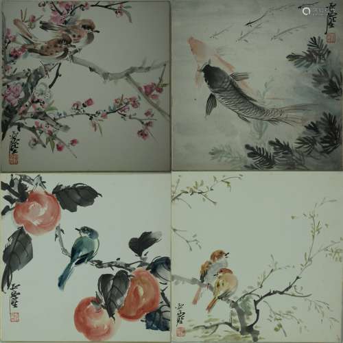 A set of 4 floral and bird paintings by Wang Yan Chen