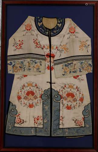 Framed Qing Dynasty embroidered female robe