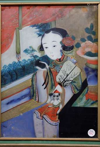 Qing Dynasty Lady with fan glass painting