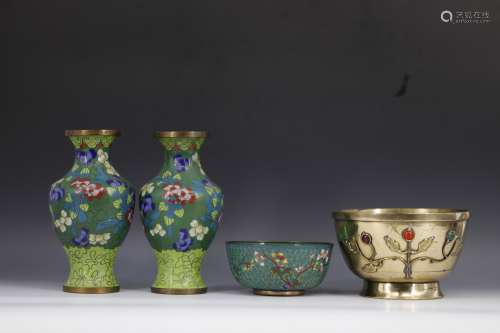 A pair of cloisonne enamel vases and two bowls