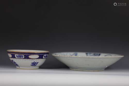 Ming blue and white big plate, Qing export bowl