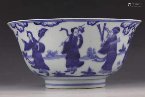 Blue and white eight-gods bowl with Kangxi mark