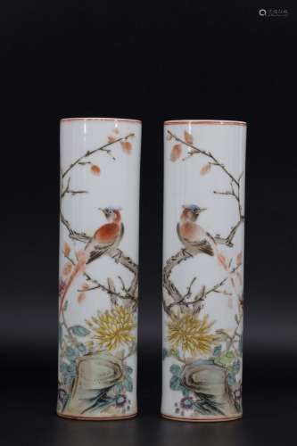 A pair of flower and bird brushpot with Shibao mark