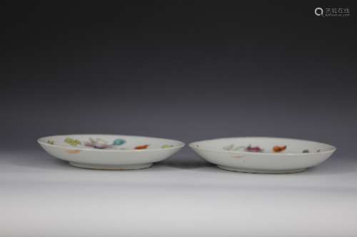 Qing Dynasty famille-rose floral dishes 2pc