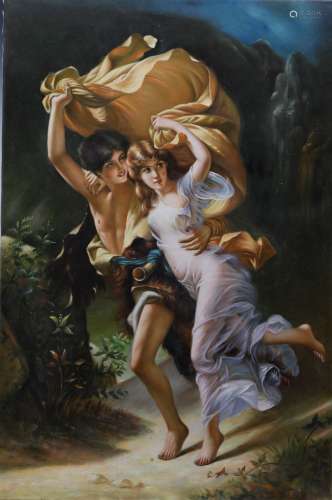 Oil on canvas of running couple