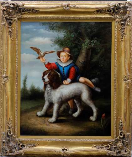 Oil on canvas of a boy and a dog