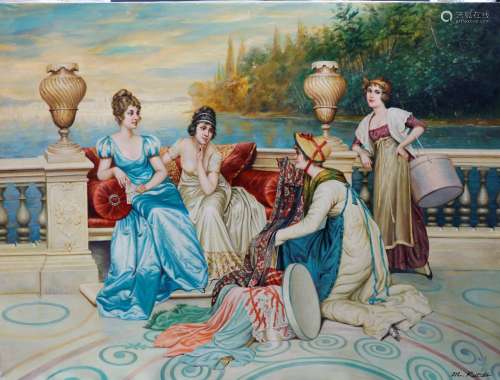 M. Rueda, signed oil on canvas of four ladies