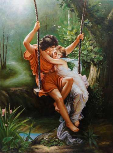 Oil on canvas of couple on swing
