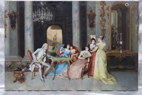Richardson, signed oil on canvas of family chess