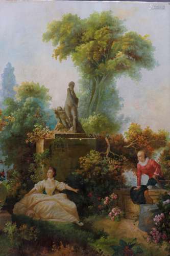 Signed oil on canvas of couple in garden