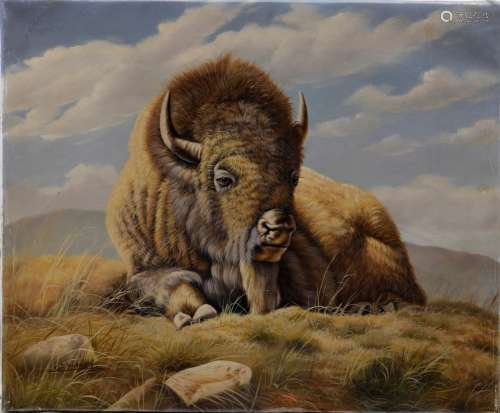 G.Hansh, signed oil on canvas of bison