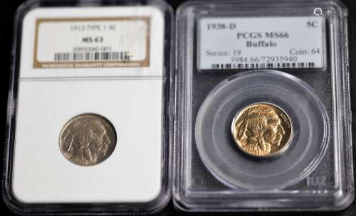 1913 Type 1 graded MS63 and 1938-D Buffalo graded MS66
