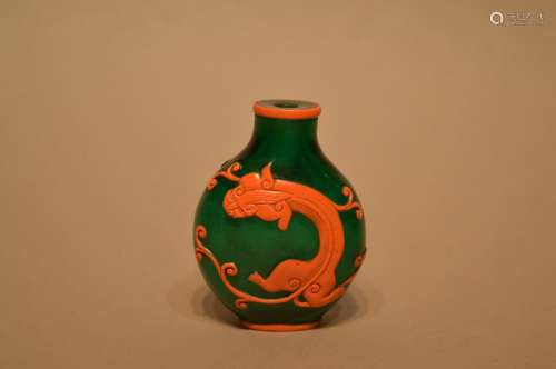 Orange dragon & green overlay glass snuffle bottle