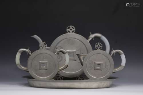 White jade tin teapot set inscribed with Qian Long