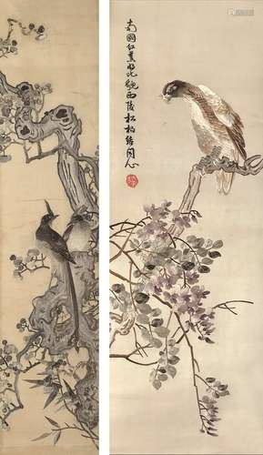 清 刺绣花鸟屏芯 （两件）