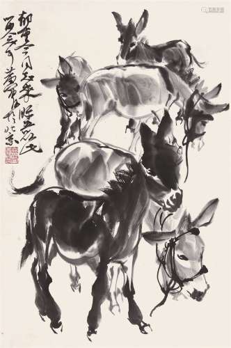 黄胄（1925～1997） 五驴图 立轴 水墨纸本