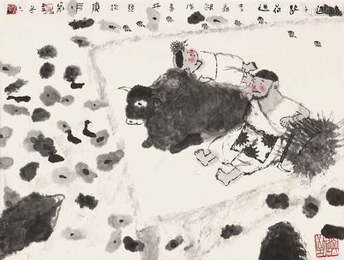 聂鸥（b.1948） 水边小歇 镜心 设色纸本