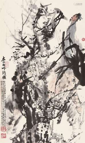 石齐（b.1939） 李白吟诗图 立轴 设色纸本