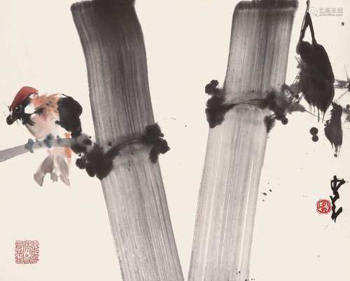 赵少昂（1905～1998） 竹鸟 镜心 设色纸本