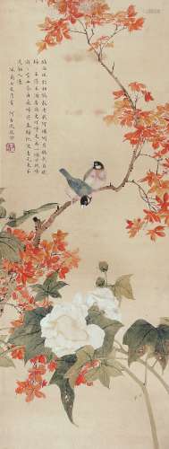 何香凝（1878-1972） 红叶幽禽  纸本镜片